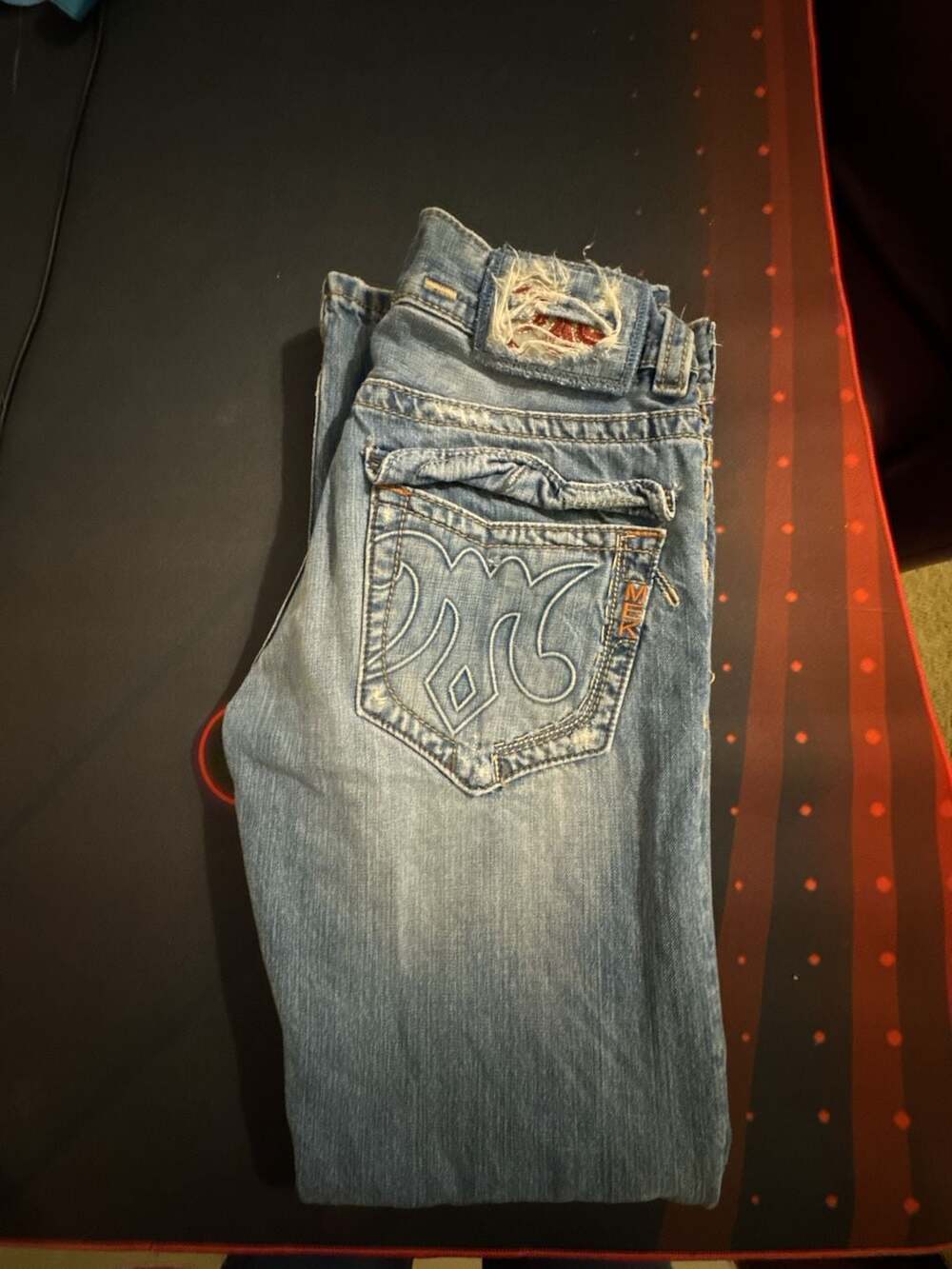 MEK Denim Distressed Bootcut Jeans with Embroidered Flap Pockets Y2K